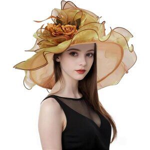 Women Organza Church Tea Party Hats Floral Khaki Orange